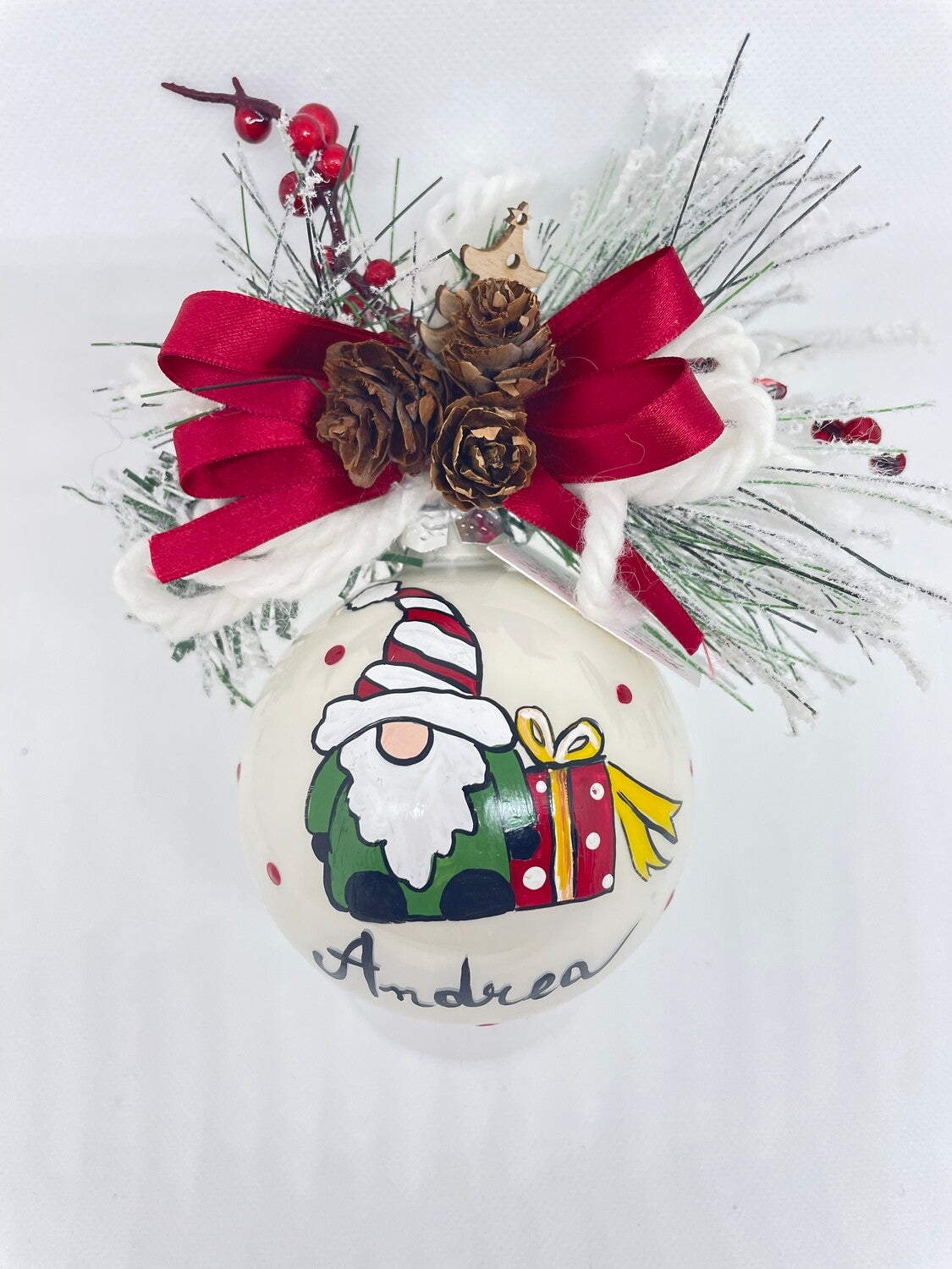 Sfera di Natale in Vetro Soggetto Gnomo Dipinta A MANO Prodotto Made in Italy