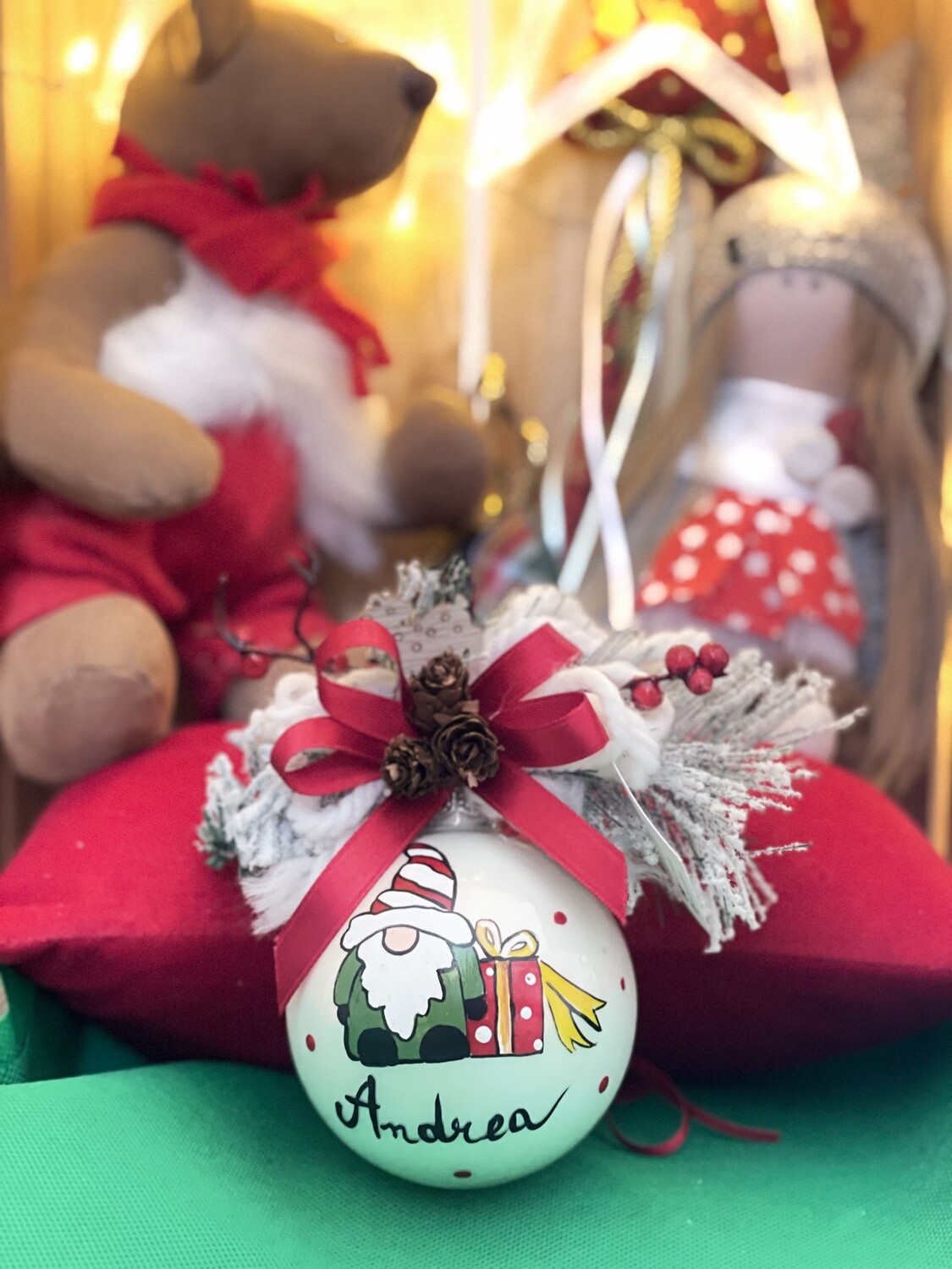 Sfera di Natale in Vetro Soggetto Gnomo Dipinta A MANO Prodotto Made in Italy
