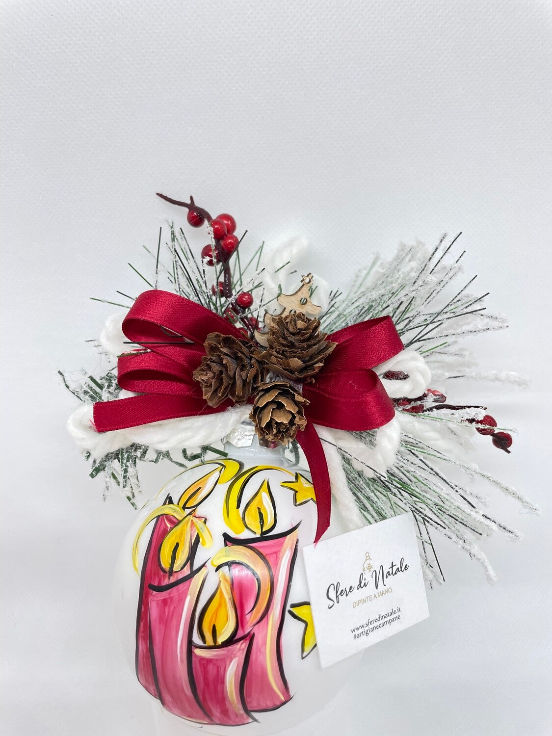 Sfera di Natale in Vetro Personalizzata Soggetto Candele Dipinta A MANO Prodotto Made in Italy
