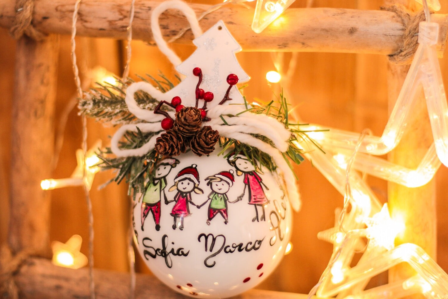 Sfera di Natale in Vetro Personalizzata Soggetto Famiglia Cartoon Dipinta A MANO Prodotto Made in Italy