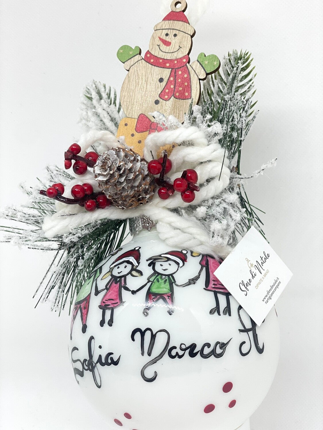 Sfera di Natale in Vetro Personalizzata Soggetto Famiglia Cartoon Dipinta A MANO Prodotto Made in Italy