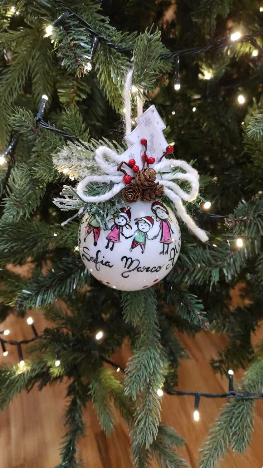 Sfera di Natale in Vetro Personalizzata Soggetto Famiglia Cartoon Dipinta A MANO Prodotto Made in Italy