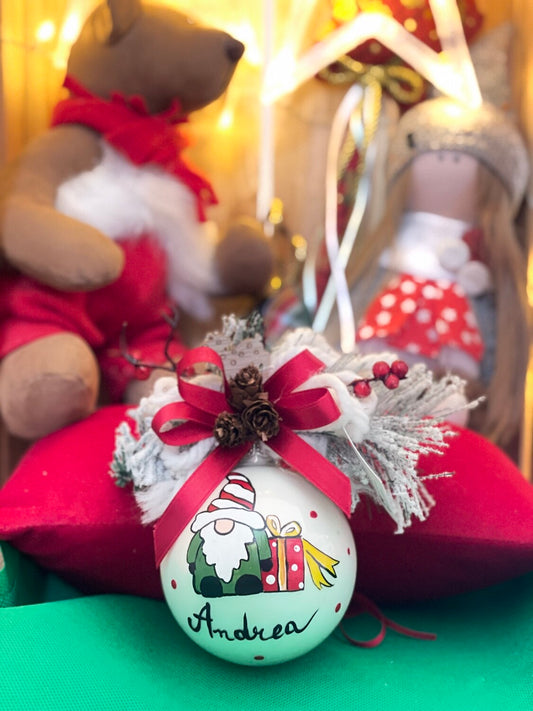 Sfera di Natale in Vetro Soggetto Gnomo Dipinta A MANO Prodotto Made in Italy