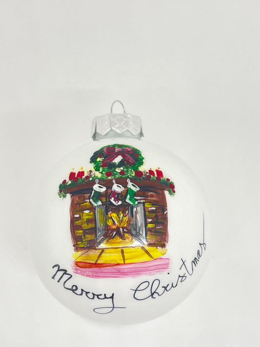 Sfera di Natale in Vetro Personalizzata Soggetto Camino Dipinta A MANO Prodotto Made in Italy